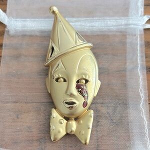Vintage Gold Clown Brooch with Red‎ and Green Accents